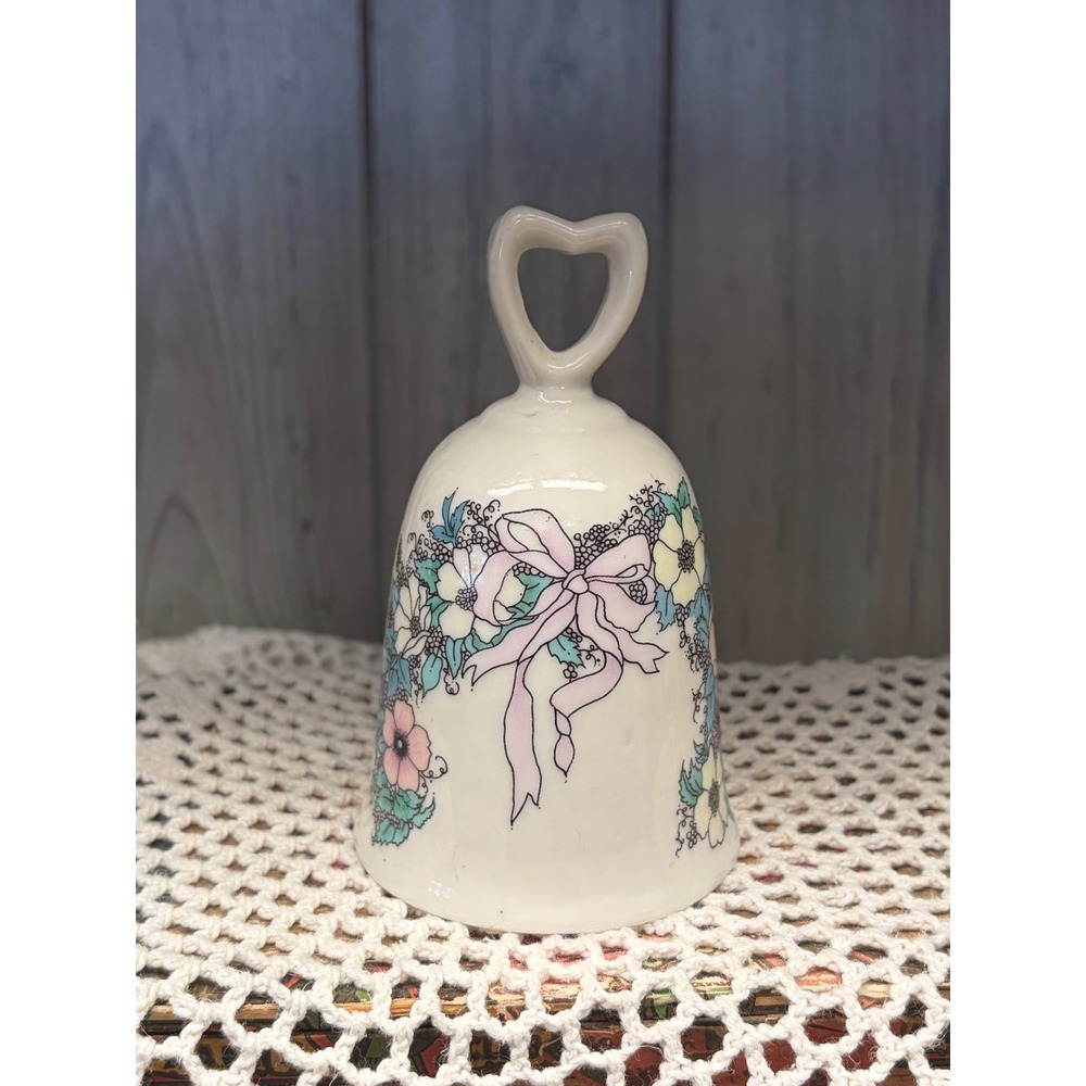 Vintage Ceramic Floral Hand Bell Heart Handle Pink Bow Flowers Cream Decor